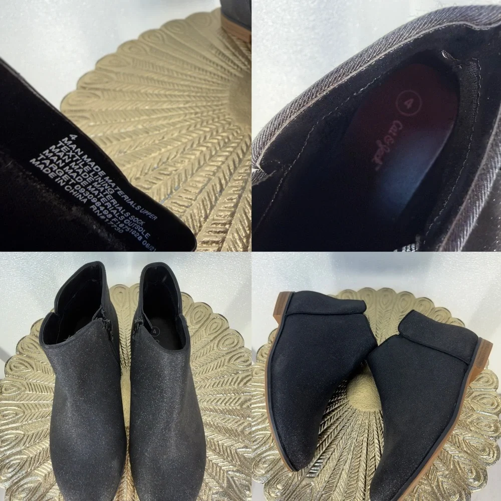 Cat & Jack Girls Black Glitter Ankle Boots‎ Size 4 | Zip Side Sparkle Booties